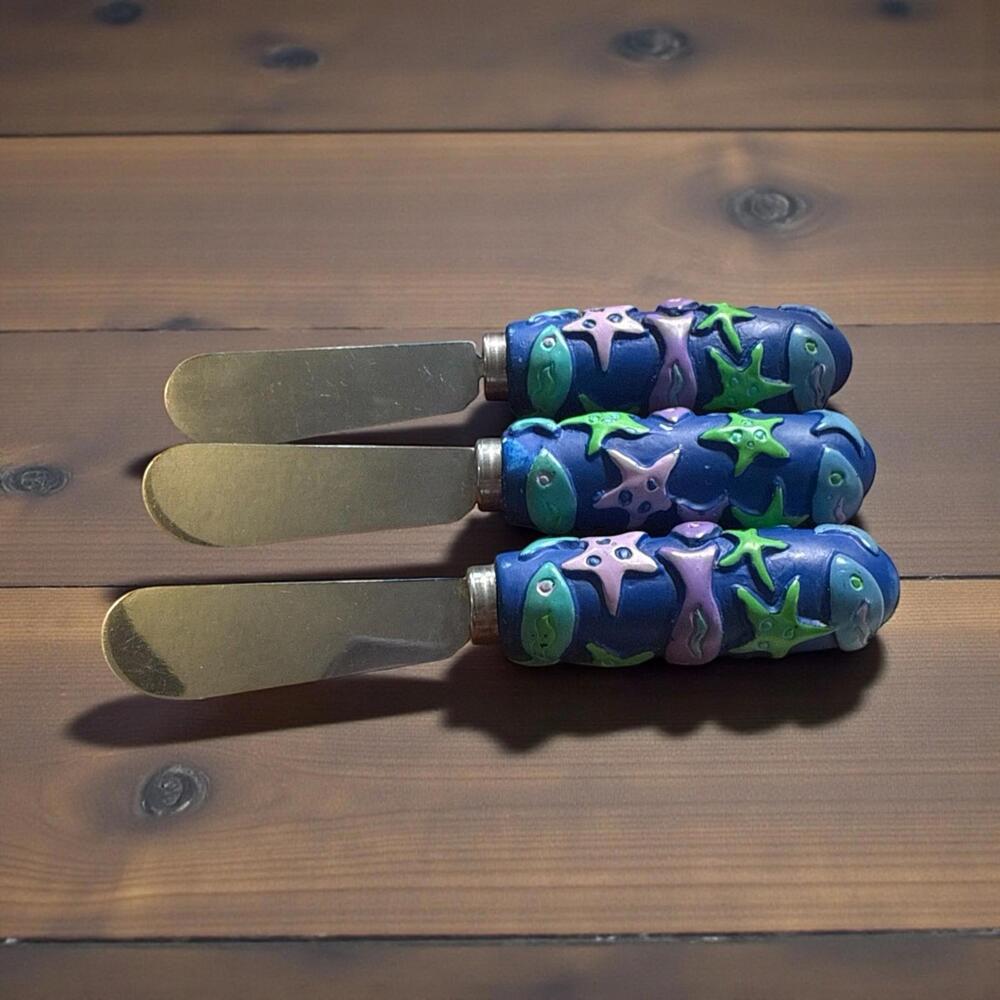Fish & StarFish Blue Ocean Cheese & Butter Spreader Canape Knives Set of 3